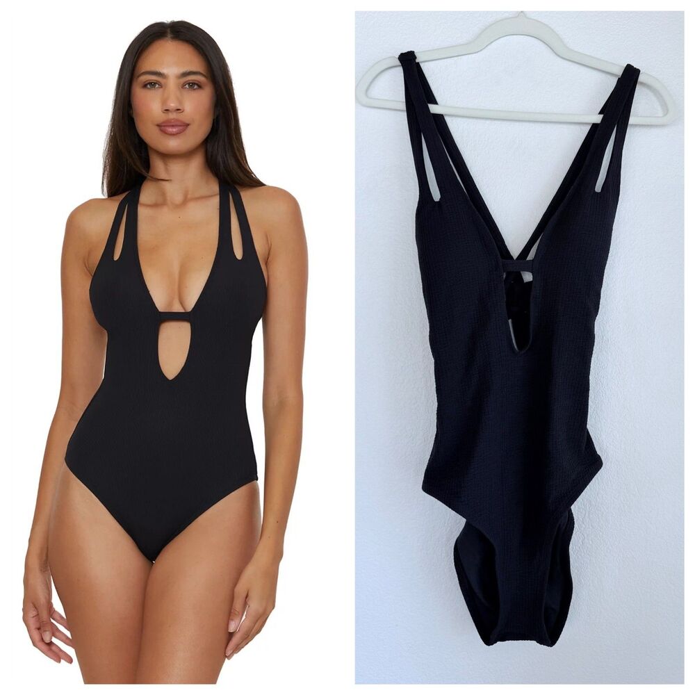 NWT BECCA Women's Modern Edge Textured Plunging-Neck Swimsuit in Black Size M